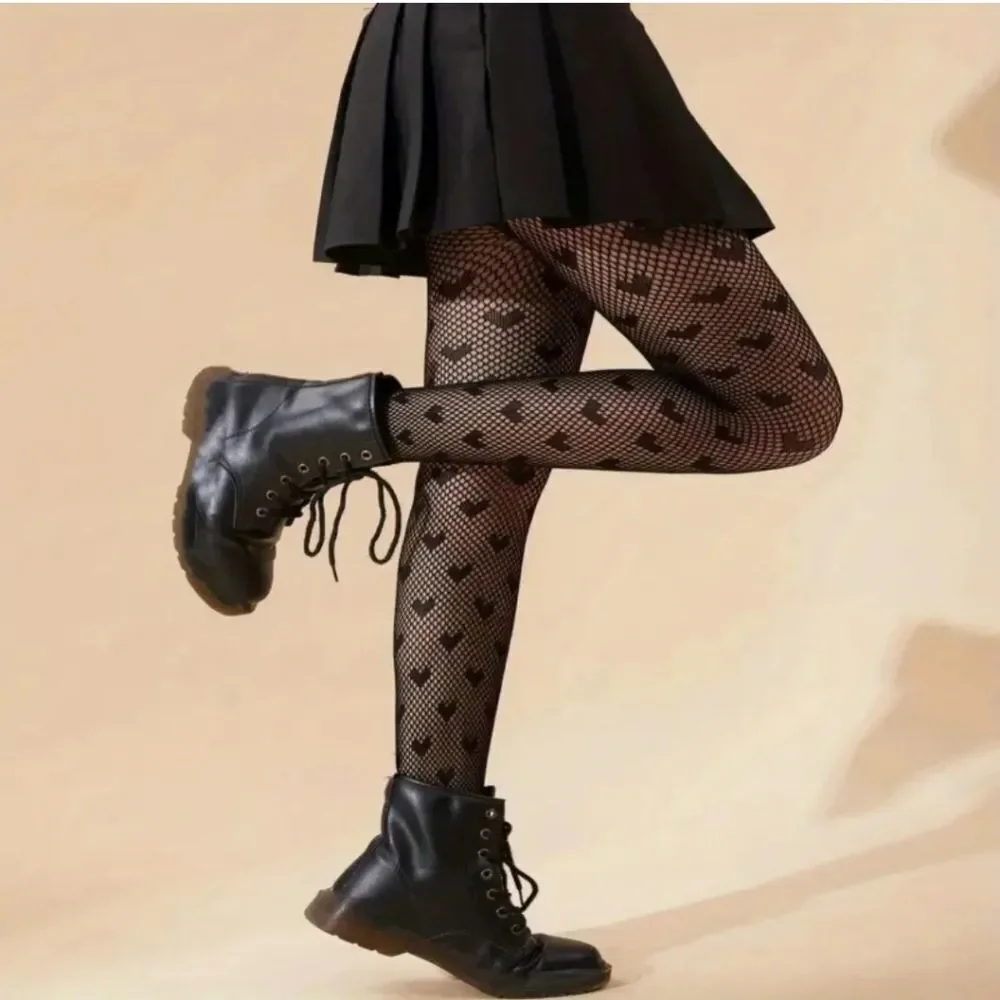 Heart pattern fishnet stockings hosiery sexy grunge accessory